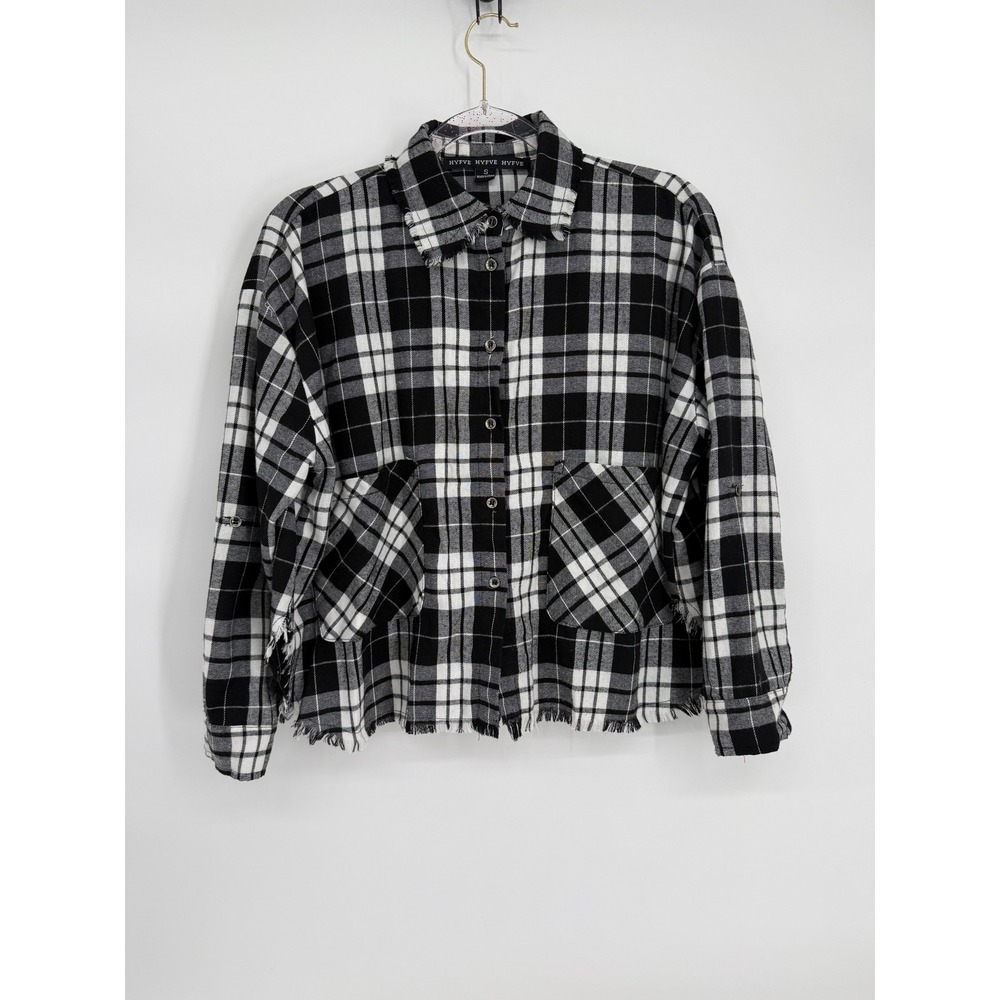 Hyfve Black White Plaid Frayed Hem Button Down Shirt Womens Sz S